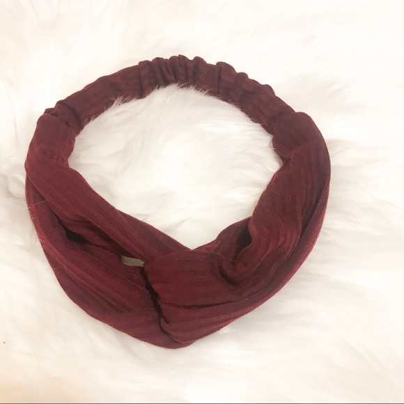 Wine Red Ribbed Cross Knot Elastic Headband - Picture 5 of 6